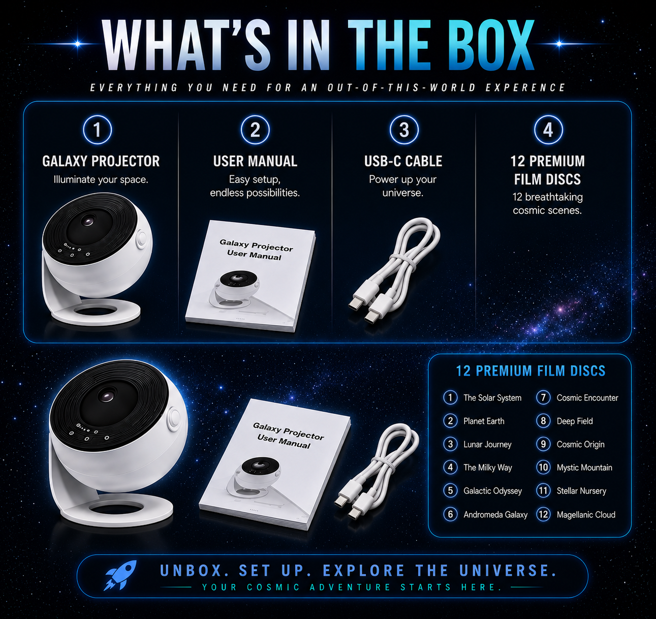 4K Galaxy Projector | 12 Premium Film Discs & Adjustable Focus